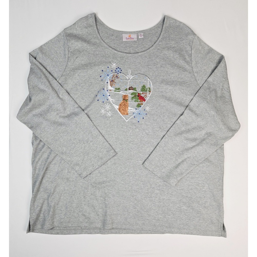 Womens Quacker Factory shirt sz 3X long sleeve grey cat window Holiday Winter